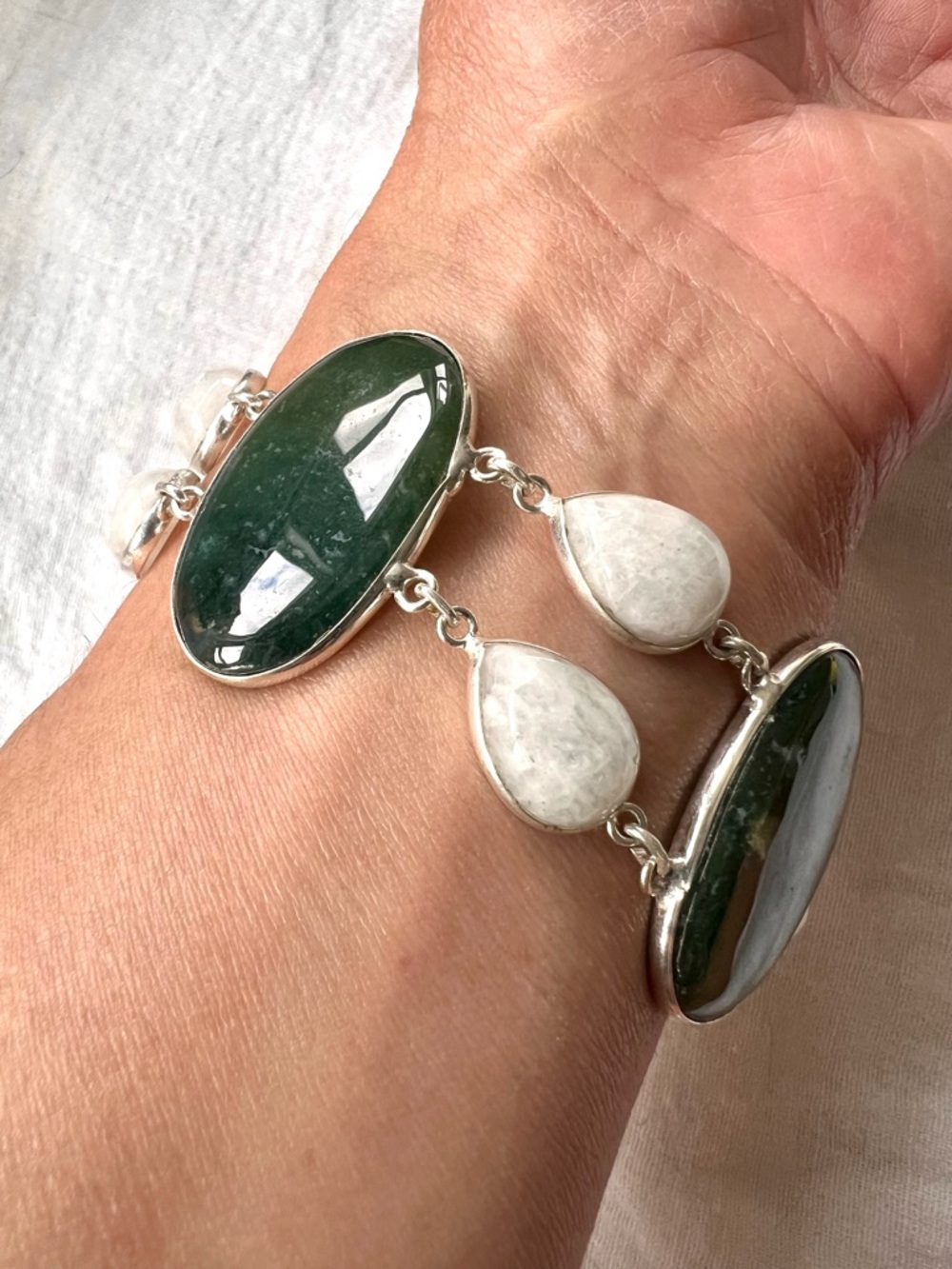 925 Earth Stone MOSS AGATE + Rainbow Moonstone Bracelet 7”-8.5” - Picture 3 of 12